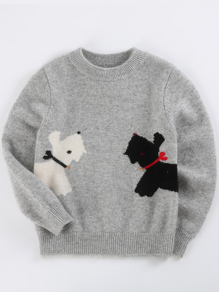 Kids Cute Gray Cashmere Sweater with Two Dogs Pattern
